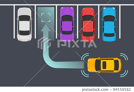 Parking smart car sensor autonomous view. Automobile park assist drive safety Parking smart car sensor autonomous view. Automobile park assist drive safety 94558582