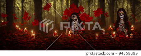 Day of the Dead skulls. Dia de los muertos. Day of the dead and mexican Halloween background. Mexican tradition festival. Day of the dead sugar skull. Dia de los Muertos 94559389