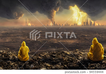 Post apocalypse. Nuclear apocalypse survivor. Ruined Cityscape. Concept 94559444