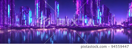 Futuristic metaverse city concept with glowing neon lights. Banner size 94559447