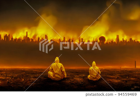 Post apocalypse. Nuclear apocalypse survivor. Ruined Cityscape. Concept 94559469