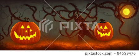 Jack O Lanterns - Halloween Background. Banner size. 3d Jack O Lanterns - Halloween Background. Banner size. 3d 94559476
