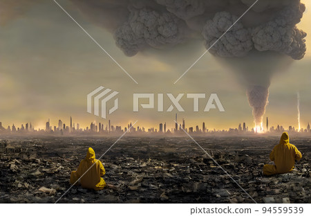 Post apocalypse. Nuclear apocalypse survivor. Ruined Cityscape. Concept Post apocalypse. Nuclear apocalypse survivor. Ruined Cityscape. Concept 94559539