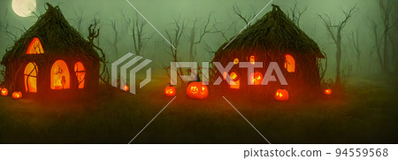 Halloween background. Witch hut. Banner size. 3d Halloween background. Witch hut. Banner size. 3d 94559568