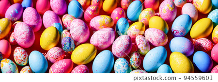 Colorful Easter Eggs Background. Banner size. 3D 94559601