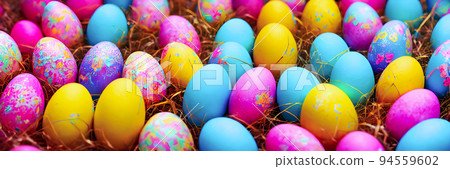 Colorful Easter Eggs Background. Banner size. 3D Colorful Easter Eggs Background. Banner size. 3D 94559602