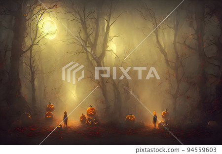 Illuminated Halloween Carved Pumpkins, head jack. Scary forest. Holiday background. 94559603