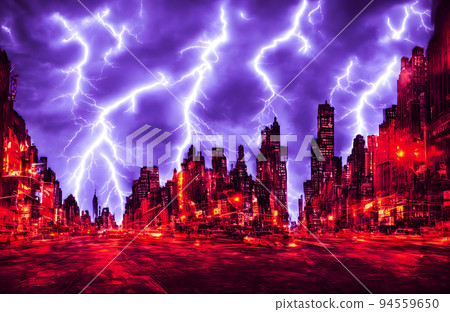 Lightning strikes over the skyline of fantasy city 94559650