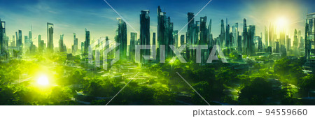 Green city of the future. Eco City of the future. Harmony of city and nature. Sunrise in the big city. Banner size 94559660