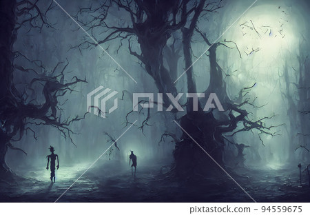 Illuminated Halloween Carved Pumpkins, head jack. Scary forest. Holiday background. Illuminated Halloween Carved Pumpkins, head jack. Scary forest. Holiday background. 94559675