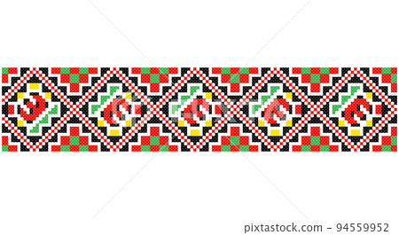 Embroidered good like old handmade cross-stitch ethnic Ukraine pattern. Ukrainian towel ornament, rushnyk called, vector. 94559952