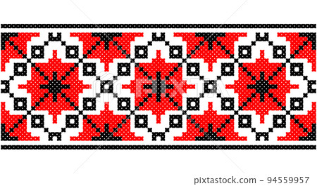 Seamless traditional Slavic ornament embroidered cross-stitch.Red black and white. Seamless traditional Slavic ornament embroidered cross-stitch.Red black and white. 94559957