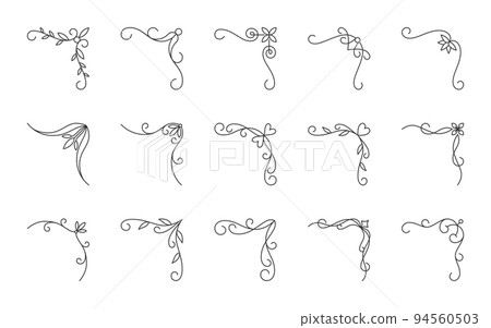 Corner frame, line decorative calligraphic design element. Vintage angle border collection for text page, book, invitation wedding card, certificate, menu decor. Classic, victorian, retro style 94560503