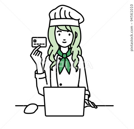 一位廚師女士坐在辦公桌前,一邊拿著信用卡一邊使用電腦 一位廚師女士坐在辦公桌前,一邊拿著信用卡一邊使用電腦 94561010