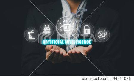 Artificial Intelligence AI, Person hand holding holographic brain Artificial Intelligence (AI) icon from the screen, Internet of Things IoT concept. 94561086