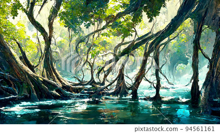 forest Mayan style tree river 3D illustration forest Mayan style tree river 3D illustration 94561161