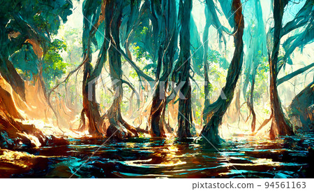 forest Mayan style tree river 3D illustration forest Mayan style tree river 3D illustration 94561163