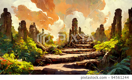 forest Mayan style adventures bridge 3D illustration 94561244