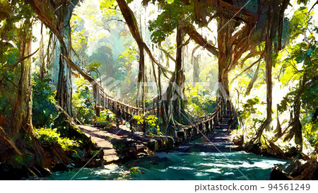 forest Mayan style adventures bridge 3D illustration 94561249