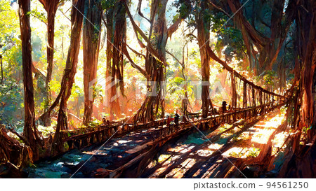 forest Mayan style adventures bridge 3D illustration 94561250
