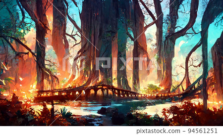 forest Mayan style adventures bridge 3D illustration 94561251