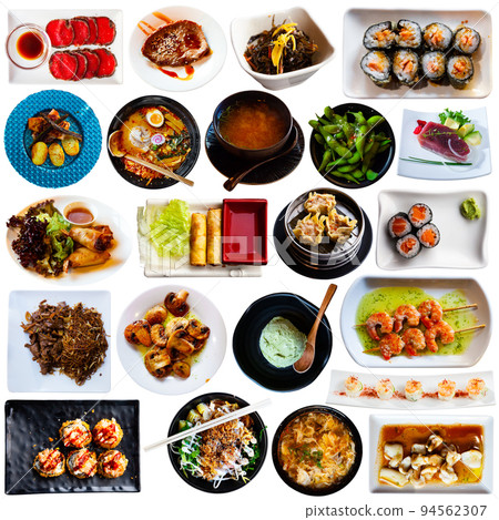 Tasty different dishes of japanese cuisine served at plates 94562307