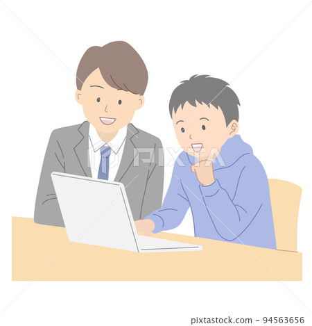 在電腦上學習的男學生和教書的男教師 94563656