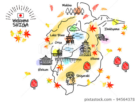 Simple line drawing illustration map of tourist spots in Shiga prefecture in autumn Simple line drawing illustration map of tourist spots in Shiga prefecture in autumn 94564378