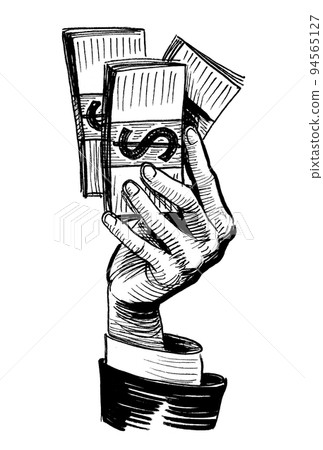 Hand holding a dollar cash. Ink black and white drawing 94565127