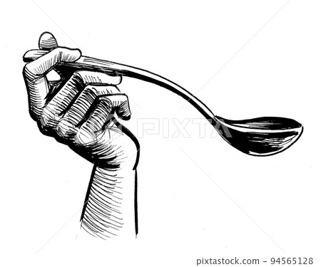 Hand holding a spoon. Ink black and white drawing 94565128