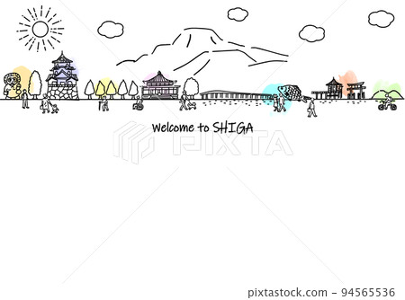 Simple line drawing illustration of the cityscape and people of Shiga Prefecture's sightseeing spots 94565536