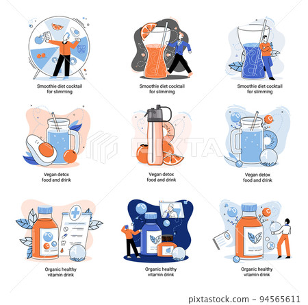 Organic vitamin drink as healthy diet cocktail for slimming tiny person. Vegan detox food and liquor metaphor 94565611