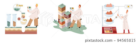 Soil analysis and earth pollution or structure control. Scientist measuring ground levels status metaphor Soil analysis and earth pollution or structure control. Scientist measuring ground levels status metaphor 94565815