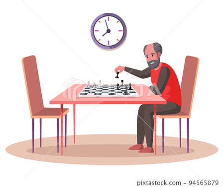 Senior man playing chess alone. Male player sitting near table with strategic, logic game 94565879