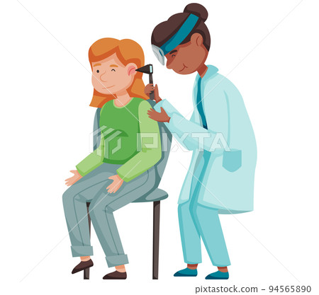 Doctor with forehead reflector examines patient, treatment of pathologies. Health care concept 94565890