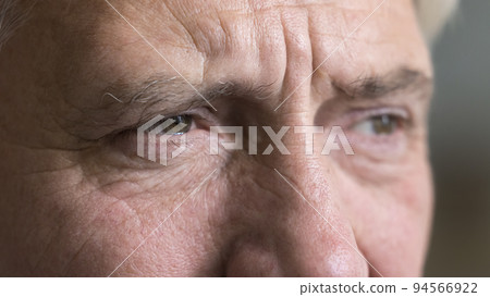 Brown eyes of serious older grey man looking away Brown eyes of serious older grey man looking away 94566922