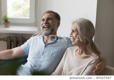 Cheerful loving retired mature couple enjoying leisure, dating at home 94567087