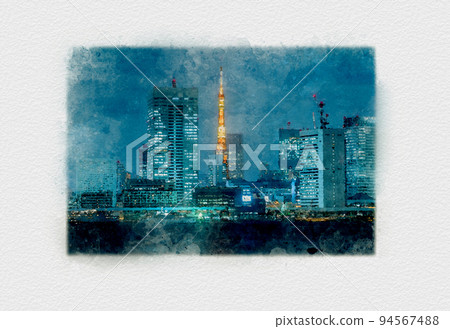 Night view of Tokyo Tower and tower apartments in Shibaura, Minato-ku, Tokyo, illumination of Tokyo Bay seen from Toyosu 94567488