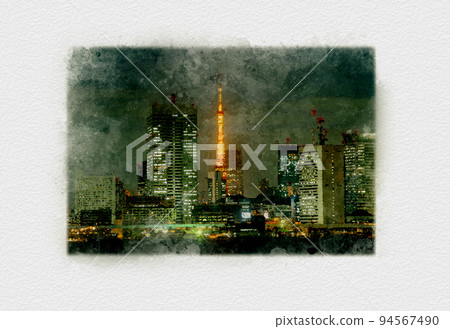 Night view of Tokyo Tower and tower apartments in Shibaura, Minato-ku, Tokyo, illumination of Tokyo Bay seen from Toyosu 94567490