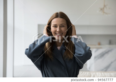 Cheerful beautiful 30s Caucasian woman home head shot portrait Cheerful beautiful 30s Caucasian woman home head shot portrait 94567777