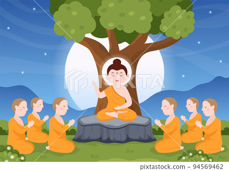 Happy Makha Bucha Day Template Hand Drawn Cartoon Flat Illustration Buddha Sitting in Lotus Flower under Bodhi Tree at Night Surrounded by Monk 94569462