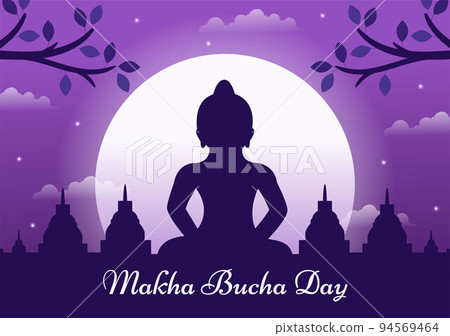 Happy Makha Bucha Day Template Hand Drawn Cartoon Flat Illustration Buddha Sitting in Lotus Flower under Bodhi Tree at Night Surrounded by Monk 94569464