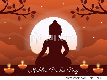 Happy Makha Bucha Day Template Hand Drawn Cartoon Flat Illustration Buddha Sitting in Lotus Flower under Bodhi Tree at Night Surrounded by Monk 94569470