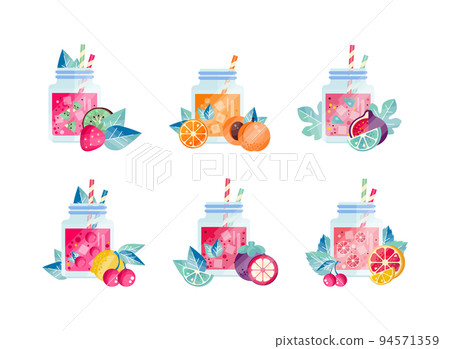 Set of smoothie in glass jars with straws. Healthy superfood with kiwi, strawberry, apricot, fig fruit, cherry fruit and berries flat vector illustration 94571359