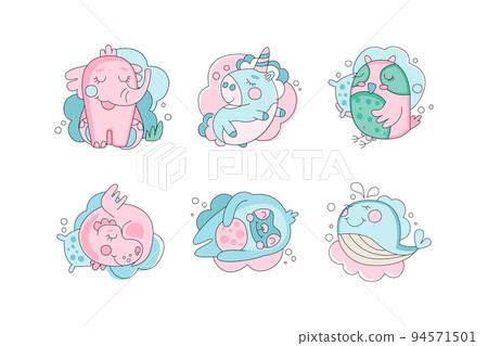 Cute hand drawn baby animals set. Funny blue and pink bird, elephant, unicorn, whale vector illustration 94571501
