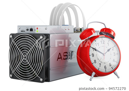 Asic miner with alarm clock, 3D rendering Asic miner with alarm clock, 3D rendering 94572270