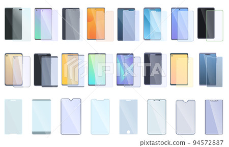 Protective glass for smartphone icons set cartoon vector. Glass crack. Screen mirror 94572887