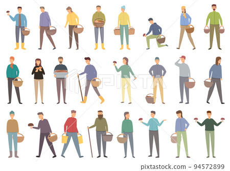 Mushroom pickers icons set cartoon vector. Wood food. Tree forest 94572899
