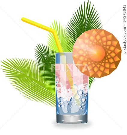 Vector image of a glass glass with a refreshing cocktail with an umbrella and a straw, appreciating freshness on a sultry day Vector image of a glass glass with a refreshing cocktail with an umbrella and a straw, appreciating freshness on a sultry day 94573042