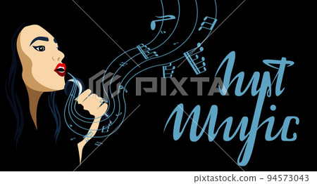 Vector image of a singing young girl on a black background with a microphone in hand Vector image of a singing young girl on a black background with a microphone in hand 94573043